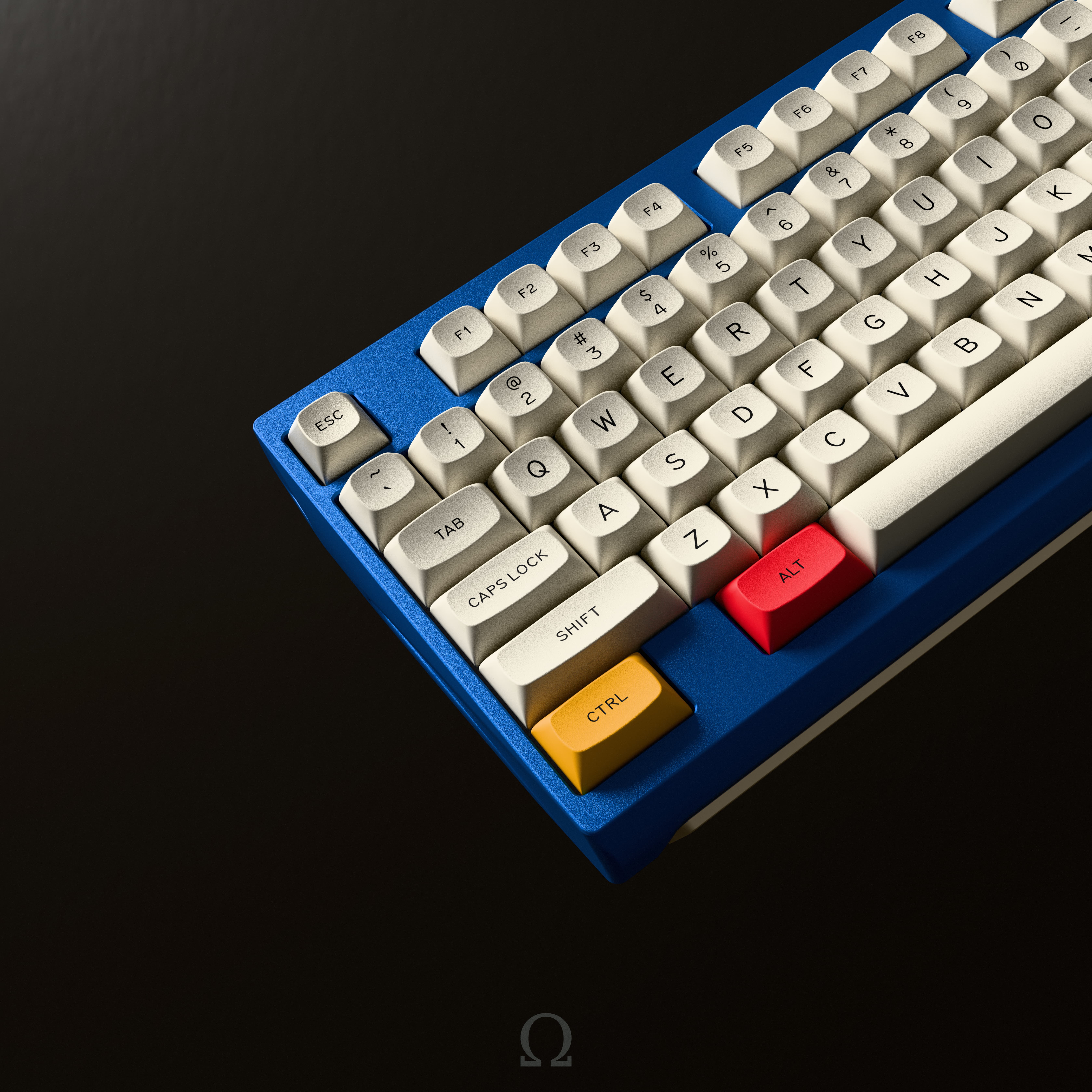 GMK Moderne keyboard on a blue case